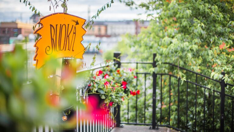 Festivaalikylttiä ympäröivät pensaat.